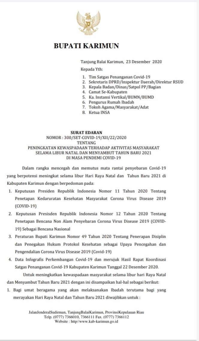 
					Isi Lengkap Surat Edaran Bupati Karimun Soal Libur Natal Dan Tahun Baru Di Masa Pandemi