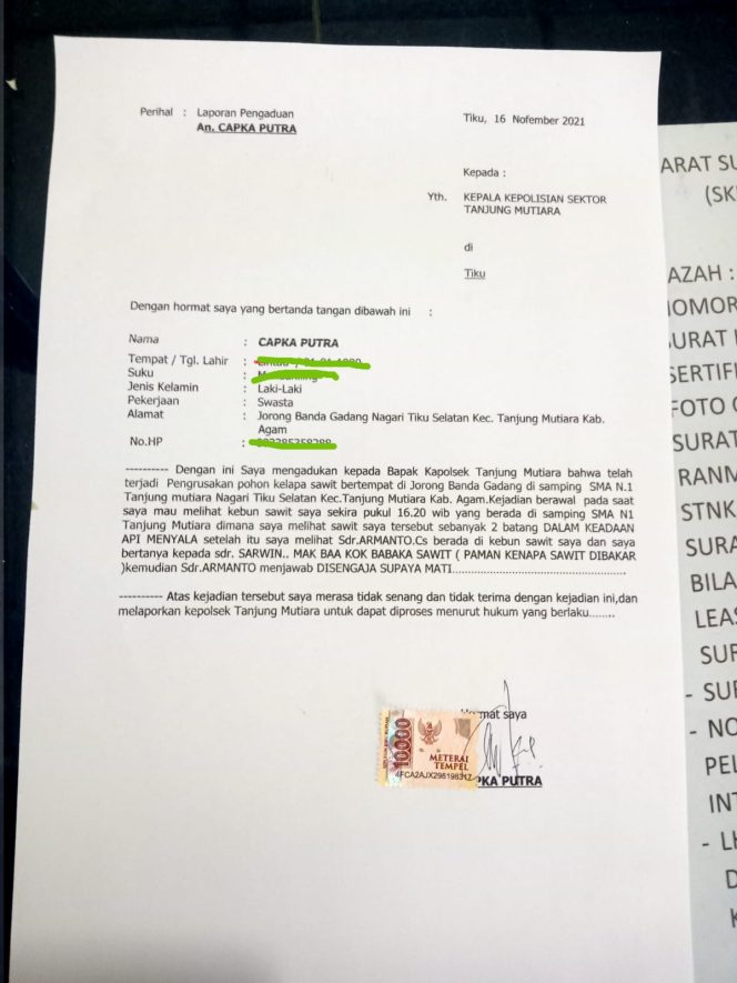 
					Oknum Guru SMU 1 Tanjung Mutiara Kabupaten Agam Bakar Tanaman Sawit Milik Warga