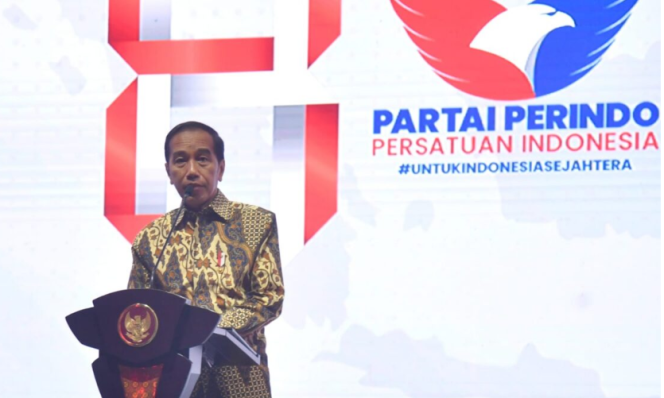 
					Ket foto: Presiden Joko Widodo memberikan sambutan pada acara Hari Ulang Tahun (HUT) ke-8 Partai Persatuan Indonesia (Perindo) yang digelar di Jakarta Concert Hall, iNews Tower, Jakarta, pada Senin, 7 November 2022. Foto: BPMI Setpres/Rusman.