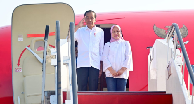 
					Ket foto: Presiden Joko Widodo dan Ibu Iriana lepas landas dari Pangkalan TNI AU Adi Soemarmo, Kabupaten Karanganyar, Provinsi Jawa Tengah dengan menggunakan Pesawat Kepresidenan Indonesia-1 pada Senin, 24 Juli 2023, sekitar pukul 08.05 WIB. Foto: BPMI Setpres/Muchlis Jr.