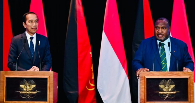 
					Ket foto: Presiden Joko Widodo melakukan pertemuan dengan Perdana Menteri (PM) Papua Nugini (PNG) James Marape di APEC Haus, pada Rabu, 5 Juli 2023. Foto: BPMI Setpres.
