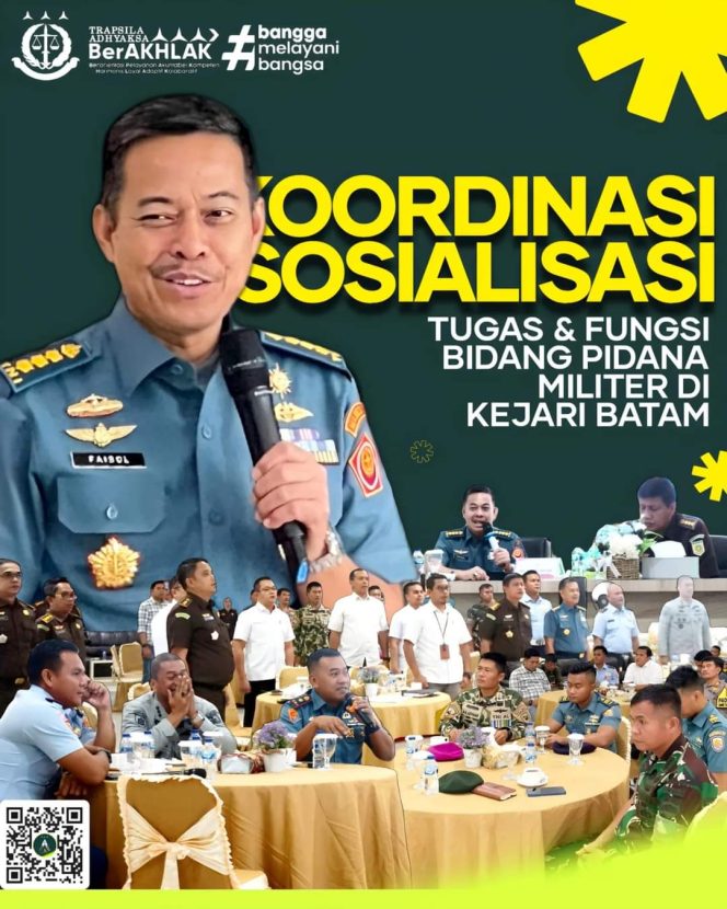 
					Aspidmil Kejati Riau Laksanakan Sosialisasi Tugas & Fungsi Bidang Pidana Militer Kepada Seluruh APH Sipil Dan Militer Sewilayah Hukum Batam