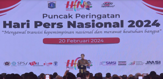 
					Ket foto: Presiden Joko Widodo menghadiri puncak peringatan Hari Pers Nasional Tahun 2024 yang digelar pada Selasa, 20 Februari 2024, di Ecoventional Hall, Ecopark, Ancol, Jakarta Utara.