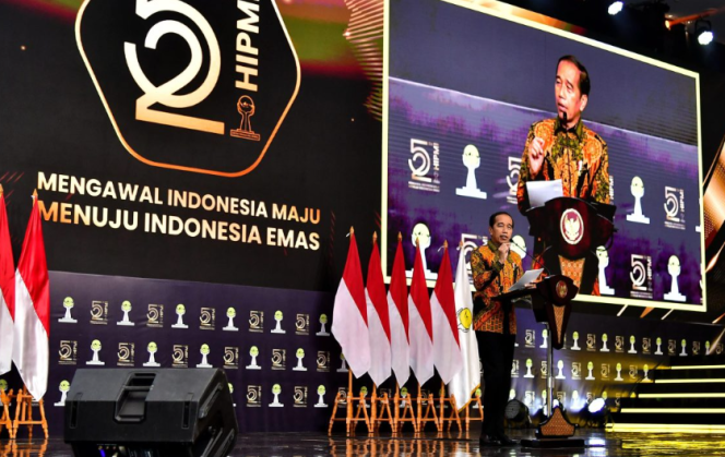 Ket foto: Presiden Joko Widodo menghadiri Hari Ulang Tahun (HUT) Himpunan Pengusaha Muda Indonesia (Hipmi) ke-52 yang digelar di Hotel Fairmont Jakarta, pada Senin, 10 Juni 2024. Foto: BPMI Setpres/Vico.