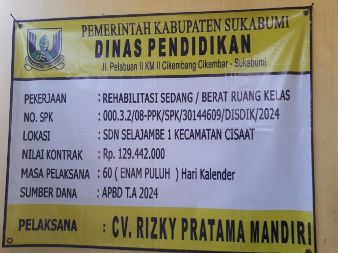 
					Diduga Mangkrak, Pembangunan Rehabilitasi Sekolah SD Negeri Selajambe 1 Cisaat Jadi Pertanyaan LSM