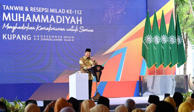 
					Ket pohoto: Presiden Prabowo Subianto menyampaikan sambutannya pada Sidang Tanwir dan Resepsi Milad ke-112 Muhammadiyah yang digelar di Universitas Muhammadiyah Kupang, Provinsi Nusa Tenggara Timur (NTT), pada Rabu, 4 Desember 2024. Foto: BPMI Setpres/Kris.