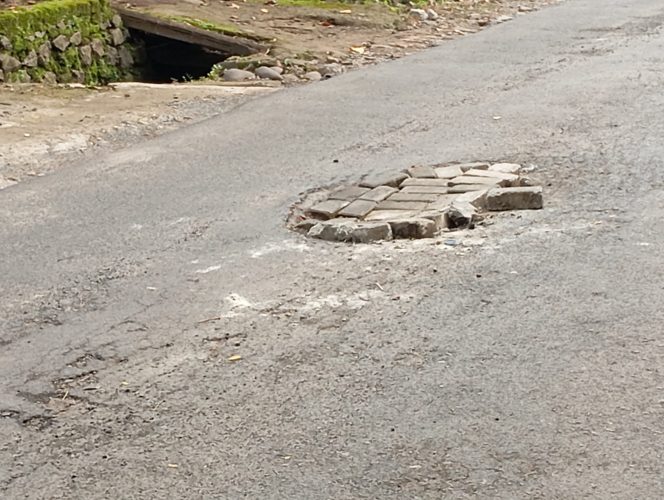 
					Foto: Jalan berlubang ditutup paving block di Desa Mulyamekar, Kec. Babakancikao, Purwakarta. 