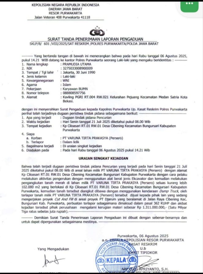 
					Setahun Kasus Dugaan Pencurian Tanah Merah PT Varuna Tirta Prakasya Mangkrak
